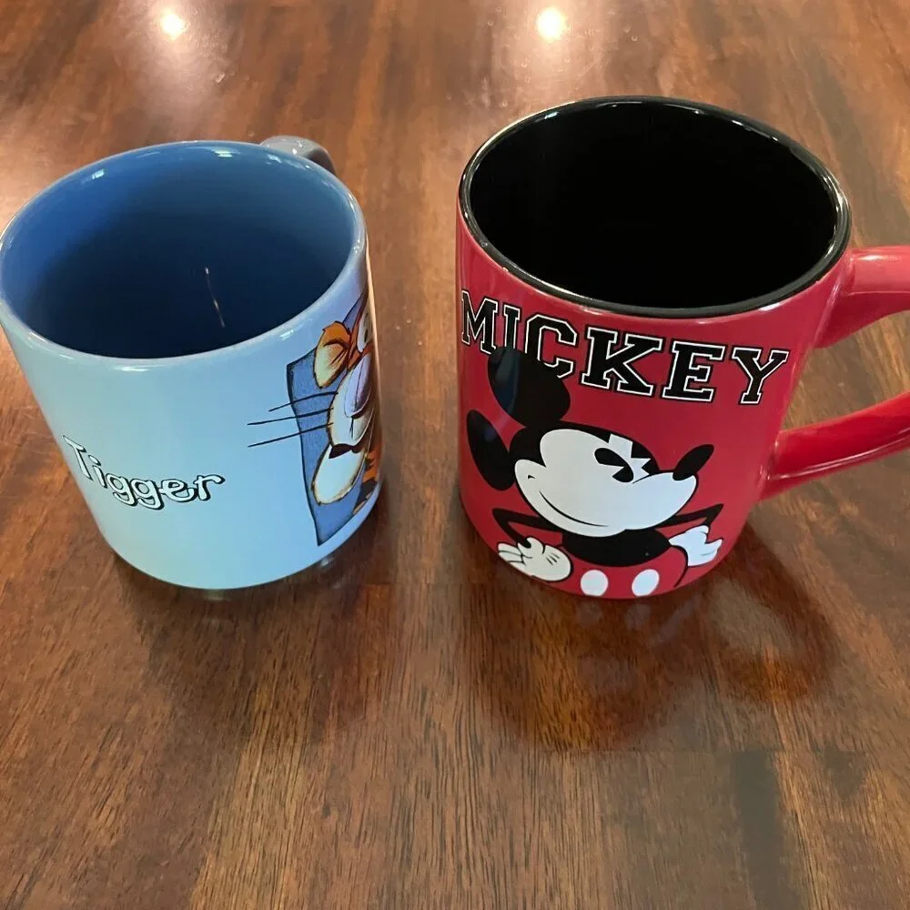 Set of 2 Disney Coffee Tea Mug Mickey & Tigger Red & Blue Ceramic 8/12 Ounce